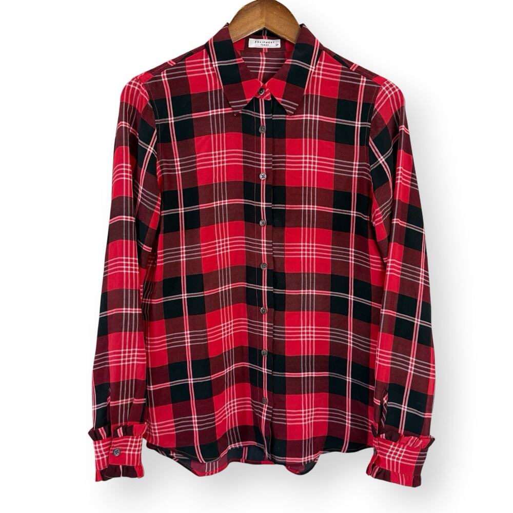 Equipment Femme Silk Plaid Button Up Shirt Red Black Ruffle Cuff Office Luxury